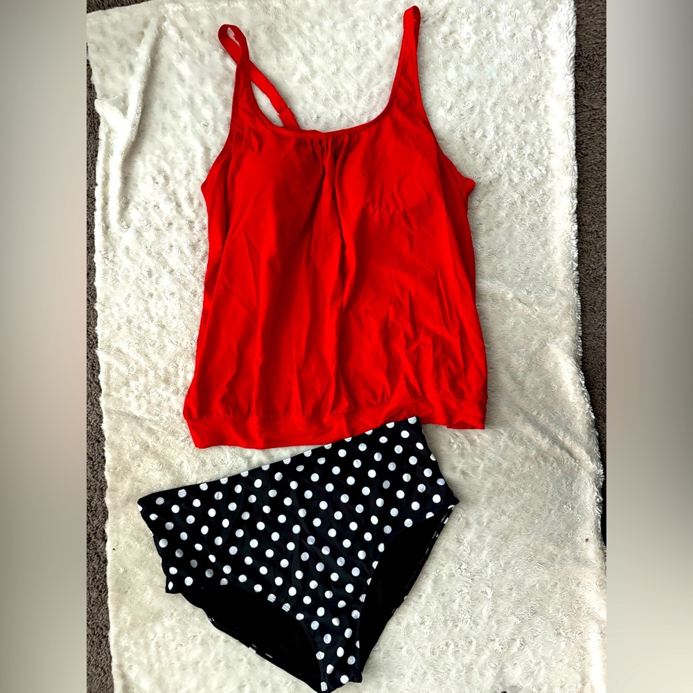 NWT- YONIQUE Tummy Control Bathing Suit Blouson Tankini Swimsuit-Red Dot - Picture 5 of 15